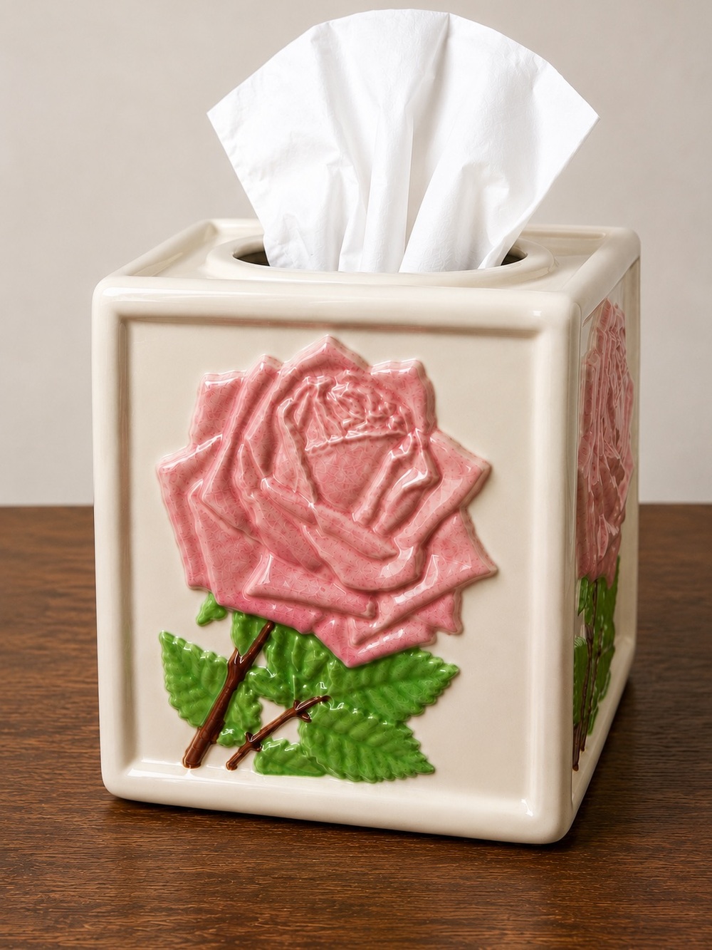 Vintage 1978 Sitter Ceramic Rose Tissue Box Cover Pink Floral